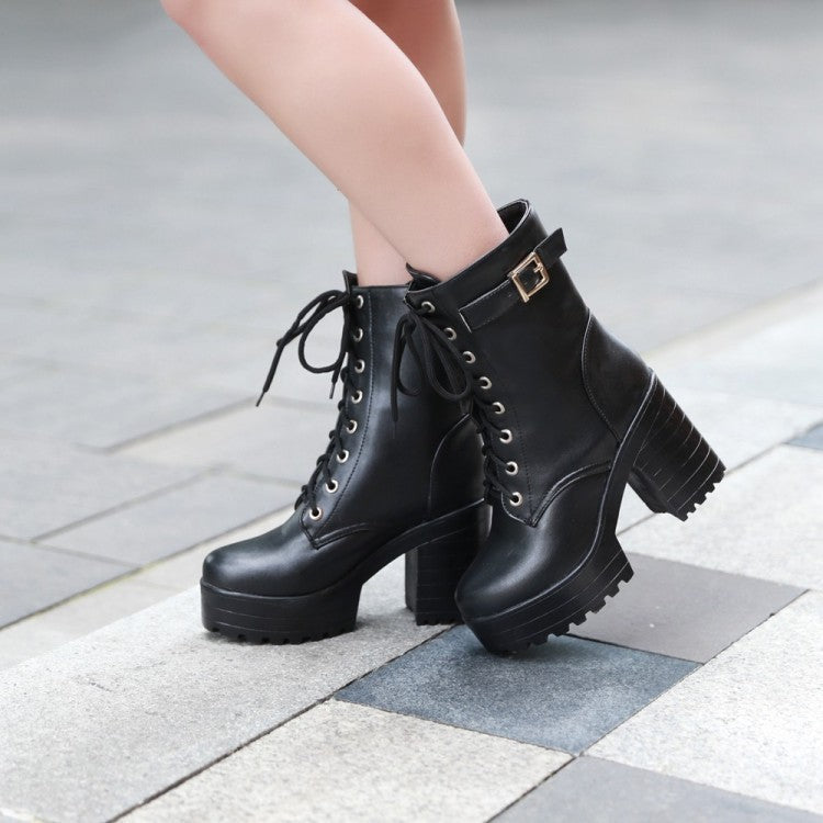 Ailah - Robust Lace-up Boots with Buckle and Treaded Sole